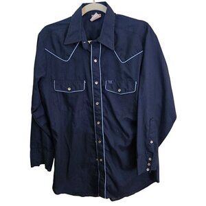 Vintage Ely Cattleman Blue Piping Pearl Snap Western Shirt Size 15.5"x32
